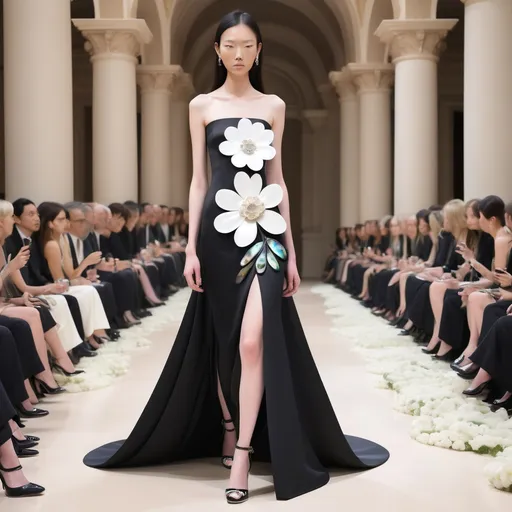 Prompt: Monaco female model with a white flower, whimsical gorgeous Chen Lu, aestheticism, flowers, portrait featuring abalone and Mother of pearl and black Valentino fitted gown full length body photo on runway with floral heels