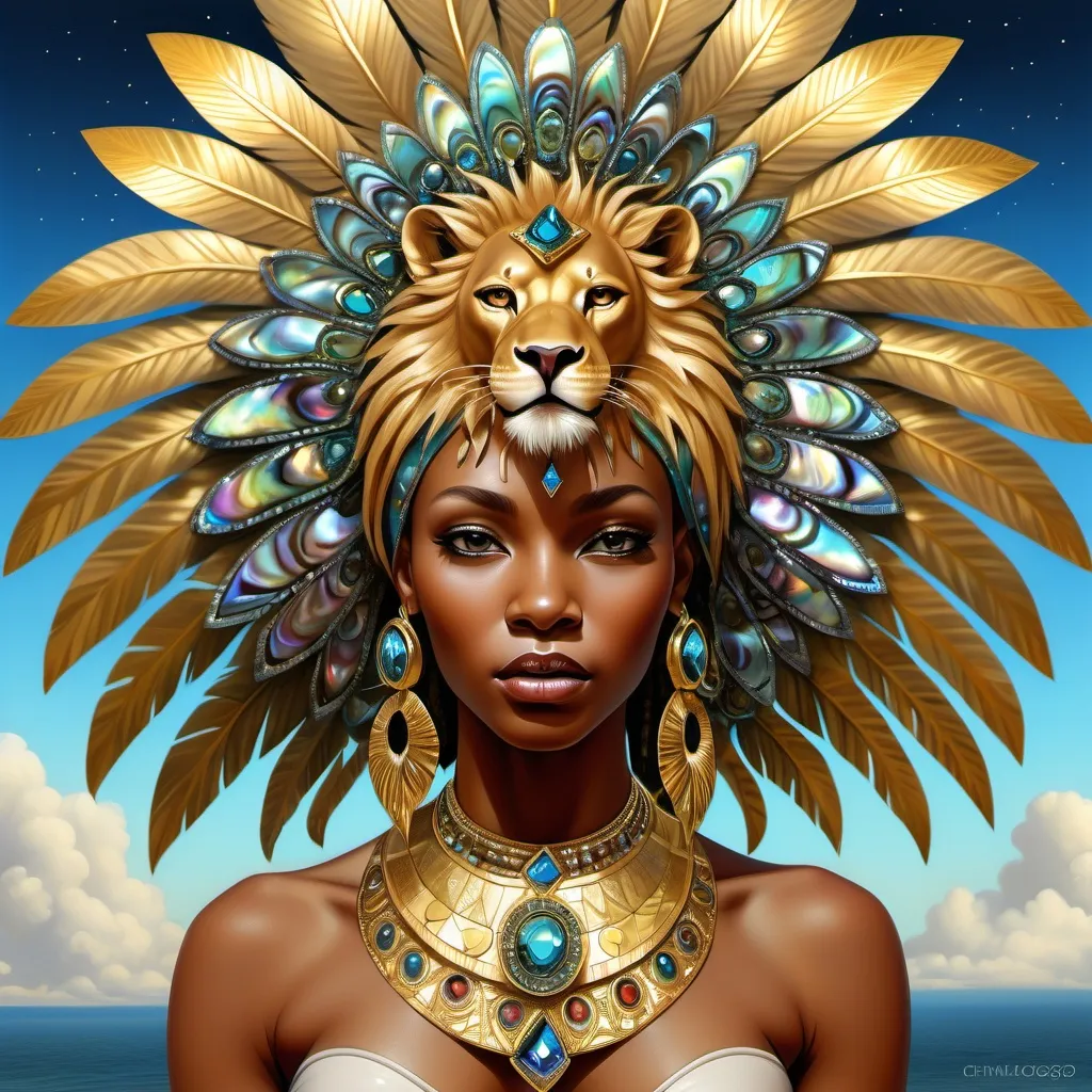 Prompt: Gorgeous Swahili goddess from south Africa with an ornate regal jeweled gold lion abalone headdress and a lion behind her, , Chinwe Chukwuogo-Roy, afrofuturism, highly detailed digital painting, a photorealistic painting