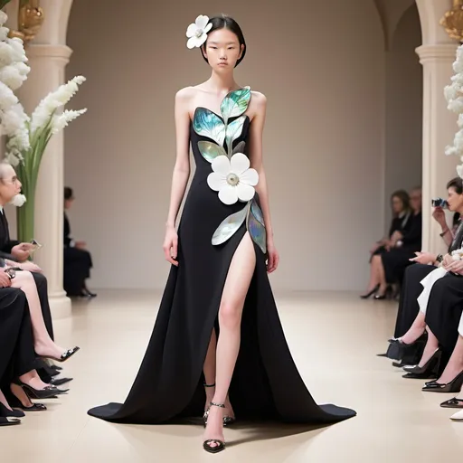 Prompt: Monaco female model with a white flower, whimsical gorgeous Chen Lu, aestheticism, flowers, portrait featuring abalone and Mother of pearl and black Valentino fitted gown full length body photo on runway with floral heels