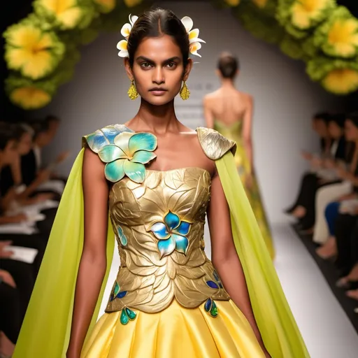 Prompt: rahul mishra oscar de la renta Hawaiian yellow dragon and plumeria exotic island outfit | gorgeous vibrant feminine gorgeous tan monaco casino female styled updo golden metallic hair blue eyes divine elaborate nepal greek sun goddess seraphim India Couture Week  embellished abalone yellow topaz neon yellow gold lime chartreuse silk Indian Royal gown fashion with opals platinum gold and abalone Swarovski gold abalone headdress as a Sandro Botticelli painting