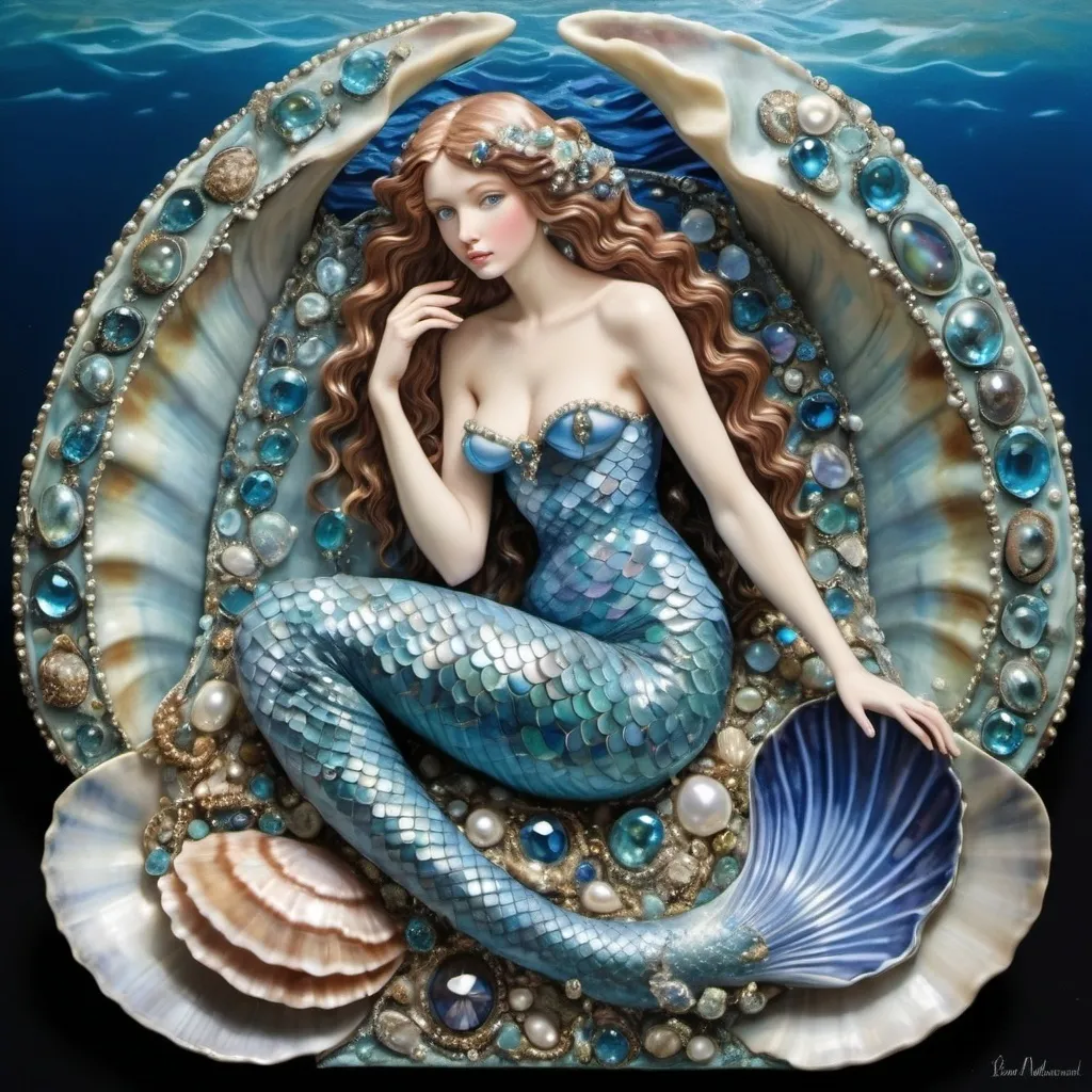 Prompt: Gorgeous blue mermaid in a giant blue clam with blue topaz gemstones and aquamarine gem stones and pearls and ABALONE as a Sandro Botticelli painting