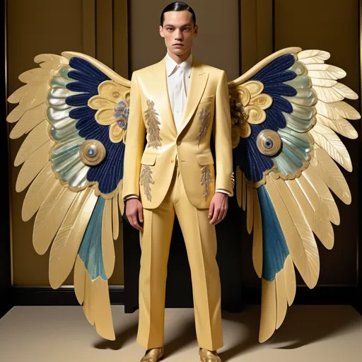 Prompt: Chanel Armani Gatsby extravagant luxury 1990's 1920's 1940's fashion in yellow gold swedish Monaco slender tall gorgeous tan male in elaborate beaded 1920's Chanel japanese fitted kimono iris van herpen silk embroidered pant suit with golden ABALONE ANGEL WINGS and with indigo hair as a Sandro Botticelli Portrait full body painting in Monaco casino