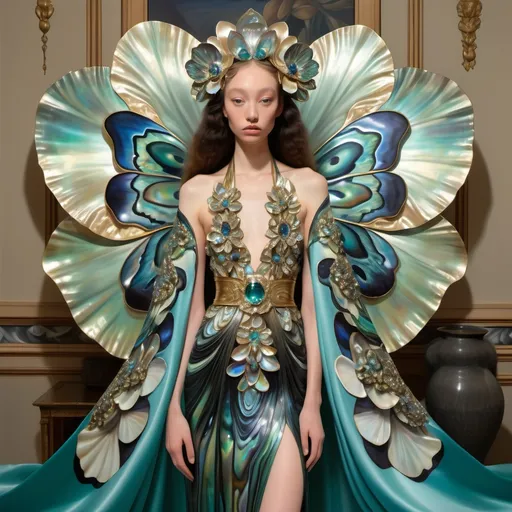 Prompt: Large 3d elaborate orchid abalone belt on a fitted silk kimono gown featuring aqua black indigo gold iris van herpen butterfly wings in center of back as a Sandro Botticelli  
Full body portrait painting with a large jeweled lotus leaf teal green abalone headdress