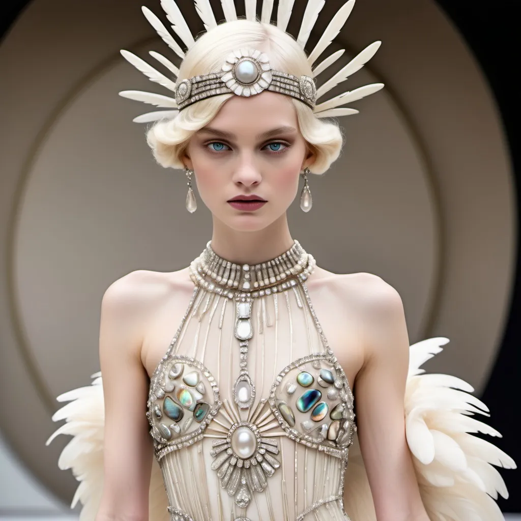 Prompt: Luxury 1920's Chanel palm beach Hollywood platinum blonde ballerina goddess with platinum white and luminous abalone swan gown with pearl luminous hues and  mother of pearl stones and SWAROVSKI CRYSTAL crown