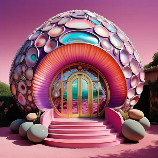 Prompt: a very large magenta lavender peach shell house with a walkway leading to it , David LaChapelle, art deco, exotic psychedelic trippy fantastically gaudy, an art deco sculpture as a Sandro Botticelli painting featuring abalone and pearls and opals and coral