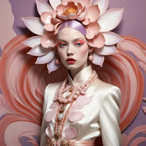 Prompt: Chanel Cartier Armani Gatsby extravagant luxury 1990's 1920's 1940's pink lotus pink dragon chinoiserie white abalone mother of pearl elaborate beaded 1920's Chanel japanese iris van herpen silk penthouse geisha featuring peach lavender and coral hair as a Sandro Botticelli Portrait painting in Georgia o Keefe transcendent psychedelic style