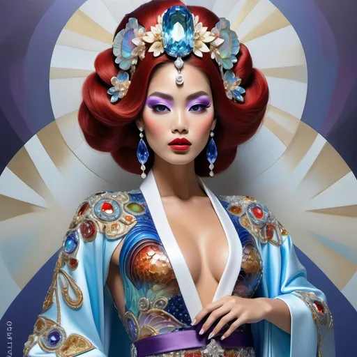 Prompt: Divine Angelic gorgeous feminine goddess Polynesian Hawaiian Balinese Thai Japanese geisha miss japan miss universe extravagant costume with vibrant red styled hair and purple eyes in zuhair Murad beaded fitted kimono gown in embellished pearly white blue gold navy indigo Abalone pastel blue luminous blue topaz platinum silver chrome white pearl opal diamond Swarovski crystal as a Sandro Botticelli full body painting with large Cartier royal floral jewels and mother of pearl and white abalone aquamarine emerald citronite chartreuse micro orchid headdress with pearls blue lotus