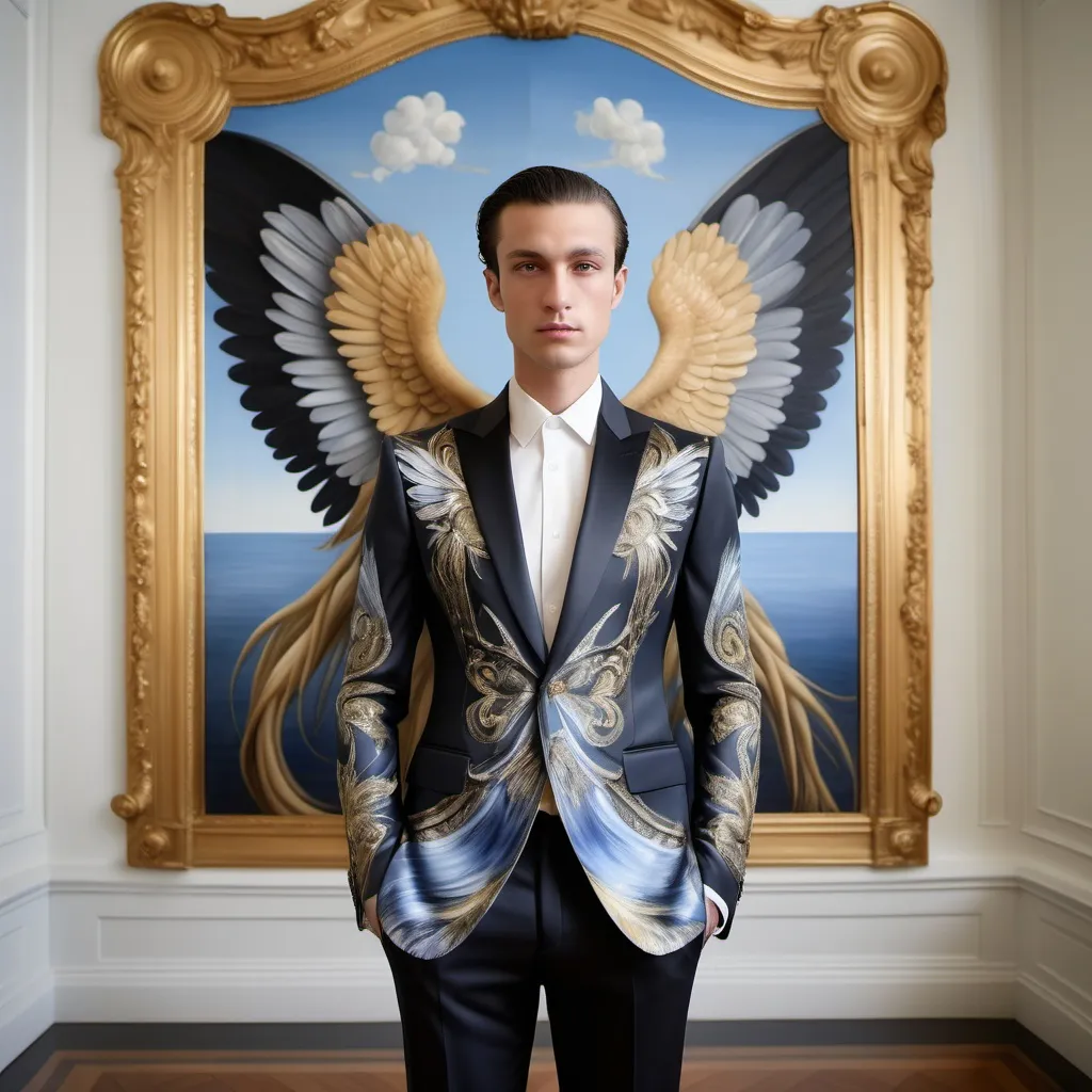 Prompt: Fitted zuhair Murad silk suit featuring  black psychedelic iris van herpen arch angel Michael angel wings in center of back as a Sandro Botticelli  
Full body portrait painting with  Cartier on Renaissance Versailles 1920's palm Beach Hollywood swedish French Monaco divine male model