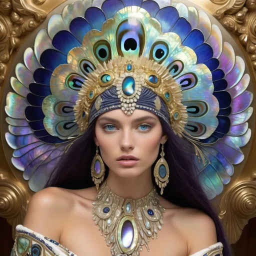 Prompt: a Monaco Bulgarian swedish French gorgeous female model with navy hair and lavish cartier with whimsical gorgeous extravagant  exotic aestheticism,  featuring violet white platinum gold abalone and Mother of pearl vibrant beaded zuhair Murad  ornate Swarovski abalone gown as a Sandro Botticelli portrait painting with large Balinese Polynesian Cartier gold  headdress with green abalone