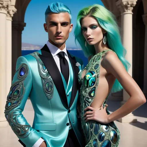 Prompt: a handsome male Catalan Greek swedish divine sacred male model with green hair and blue abalone Armani silk suit and a Monaco Bulgarian swedish French gorgeous female model with aqua hair and lavish cartier with whimsical gorgeous extravagant aestheticism,  featuring blue abalone and Mother of pearl and chartreuse pale blue neon turquoise black vibrant beaded zuhair Murad rami al ali fitted ornate Swarovski abalone gown as a Sandro Botticelli portrait painting with large Balinese Polynesian Cartier white  abalone headdress with green opals