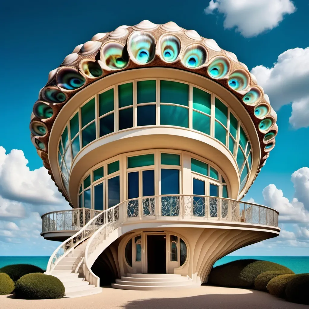 Prompt: a very large shell house with a walkway leading to it and a sky background with clouds and blue sky above, David LaChapelle, art deco, fantastically gaudy, an art deco sculpture as a Sandro Botticelli painting featuring abalone and pearls and emeralds