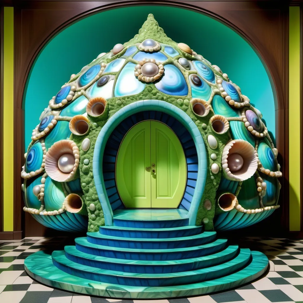 Prompt: a very large blue chartreuse shell house with a walkway leading to it , David LaChapelle, art deco, psychedelic trippy fantastically gaudy, an art deco sculpture as a Sandro Botticelli painting featuring abalone and pearls and emeralds