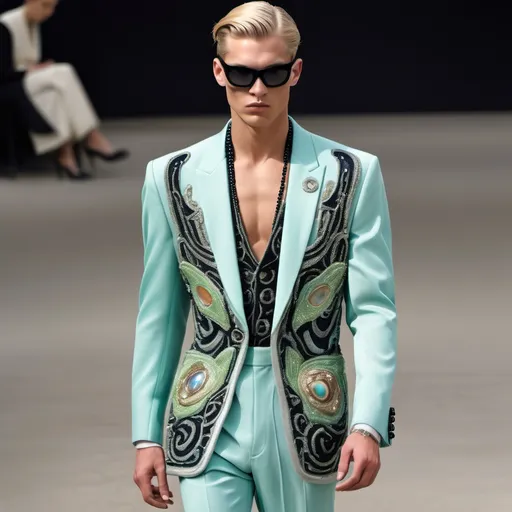 Prompt: Chanel Armani Gatsby extravagant luxury 1990's 1920's 1940's fashion in 
Light blue jade green black silver abalone on swedish Monaco Catalan Indian Japanese slender tall gorgeous masculine muscular tan stunning male model in elaborate beaded 1920's Chanel japanese Korean fitted kimono iris van herpen silk embroidered suit with navy chartreuse gold black chrome peach ABALONE ANGEL WINGS as a Sandro Botticelli Portrait full body painting in Monaco casino