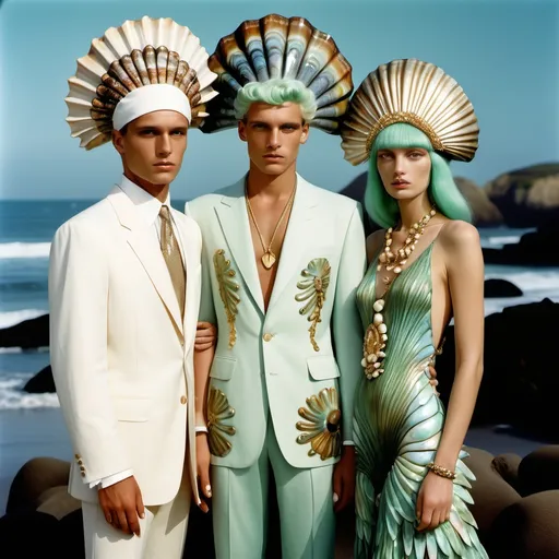 Prompt: Valentino FERRAGAMO Armani 1990's 1920's  seaweed print Hollywood OUTFITS  WITH SHELLS  and gold Cartier accents and abalone on swedish Indian Brazilian slender tall gorgeous female and male model with sea foam green hair as a Sandro Botticelli full body elegant fashion editorial French couple portrait painting featuring two people and with mother of pearl and large abalone SHELL palm headdress with aquamarine and diamonds pearls