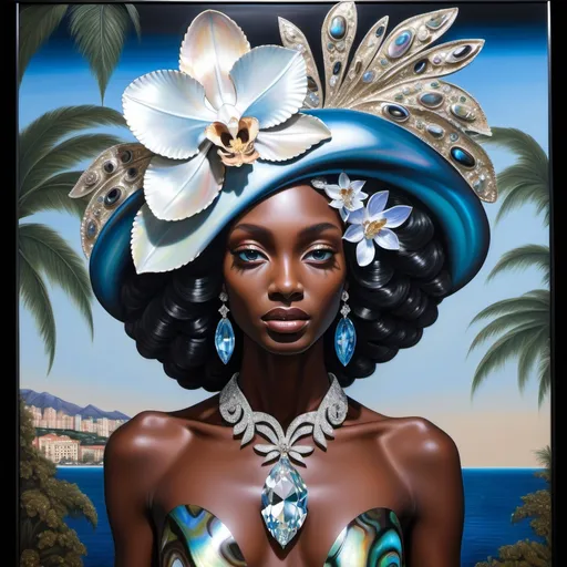 Prompt: Large 3d elaborate Royal cartier diamond orchid Platinum abalone on a sleek luminous silk black French Monaco palm beach black African black skin blue eyed model  as a Sandro Botticelli  
Full body portrait painting with a large 3d orchid shaped crystal headpiece