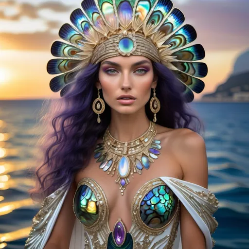 Prompt: a Monaco Bulgarian swedish French gorgeous female model with navy hair and lavish cartier with whimsical gorgeous extravagant  exotic aestheticism,  featuring violet white platinum gold abalone and Mother of pearl vibrant beaded zuhair Murad  ornate Swarovski abalone gown as a Sandro Botticelli island goddess sunset oceanic yacht painting with large Balinese Polynesian Cartier gold  headdress with green abalone