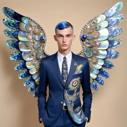 Prompt: Celestial Divine Magnificent whimsical French  abalone navy vibrant indigo white Swarovski crystal watercolor chanel suit on slender attractive tan tall male model with buzz cut blue hair and with two abalone angel wings in center of back as a Sandro Botticelli full body painting 1950's