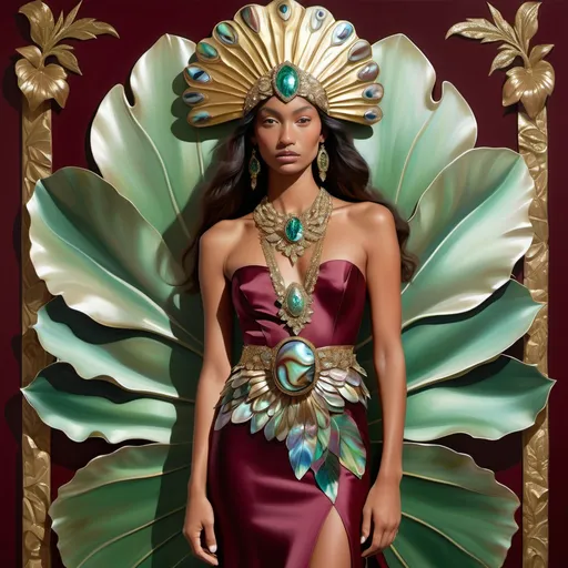 Prompt: Large 3d elaborate orchid abalone belt on a sleek plain red burgundy Ralph Lauren fitted silk gown featuring white black gold Monaco Indian model  as a Sandro Botticelli  
Full body portrait painting with a large jeweled lotus leaf green abalone headdress