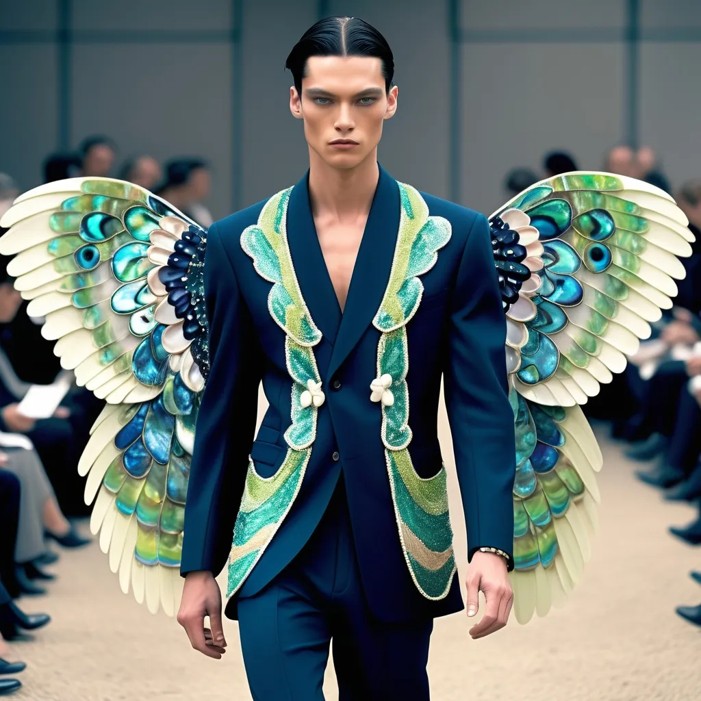 Prompt: Chanel Armani Gatsby extravagant luxury 1990's 1920's 1940's fashion in Navy indigo black turquoise mother of pearl emerald abalone on swedish Monaco slender tall gorgeous masculine muscular male model in elaborate beaded 1920's Chanel japanese fitted kimono iris van herpen silk embroidered pant suit with chartreuse ABALONE ANGEL WINGS and with black hair as a Sandro Botticelli Portrait full body painting in Monaco casino