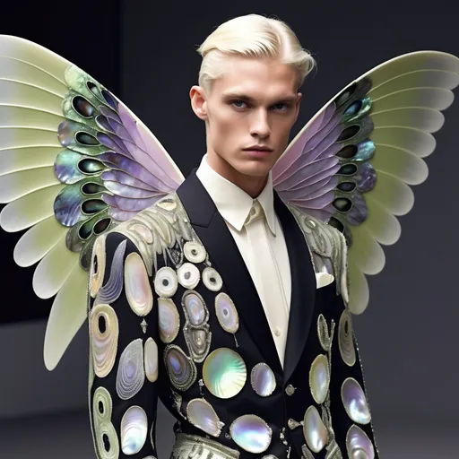 Prompt: Chanel Armani Gatsby extravagant luxury 1990's 1920's 1940's fashion in 
Black and white mother of pearl abalone on swedish Monaco slender tall gorgeous masculine muscular male model in elaborate beaded 1920's Chanel japanese fitted kimono iris van herpen silk embroidered suit with chartreuse chrome peach ABALONE ANGEL WINGS and with lavender hair as a Sandro Botticelli Portrait full body painting in Monaco casino