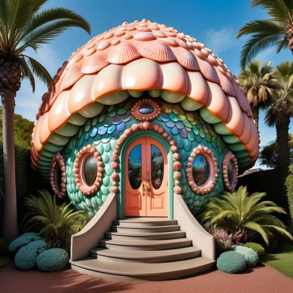 Prompt: a very large peach scallop shell house with a walkway leading to it , David LaChapelle, art deco, exotic psychedelic trippy fantastically gaudy, an art deco sculpture as a Sandro Botticelli painting featuring abalone and pearls and opals and coral