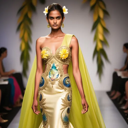 Prompt: rahul mishra oscar de la renta Hawaiian yellow pheonix and plumeria exotic island outfit | gorgeous vibrant feminine gorgeous tan monaco casino female styled updo golden metallic hair blue eyes divine elaborate nepal greek sun goddess seraphim India Couture Week  embellished abalone yellow topaz neon yellow gold lime chartreuse silk Indian Royal gown fashion with opals platinum gold and abalone Swarovski gold abalone headdress as a Sandro Botticelli painting