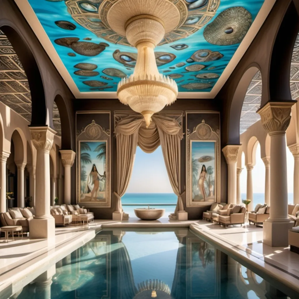 Prompt: Egyptian Dubai royal Mediterranean Balinese outdoor pool with abalone covered in platinum abalone and abalone silk and as a Sandro Botticelli painting with elaborate abalone chandeliers and high ceilings and ocean views