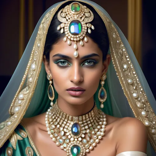 Prompt: Extravagant Indian tawaif luxury attire on female French Monaco feminine handsome model featuring Cartier and abalone blue silk jungle green gold platinum and opals 1920s 1990s Armani Swarovski pearl white accents