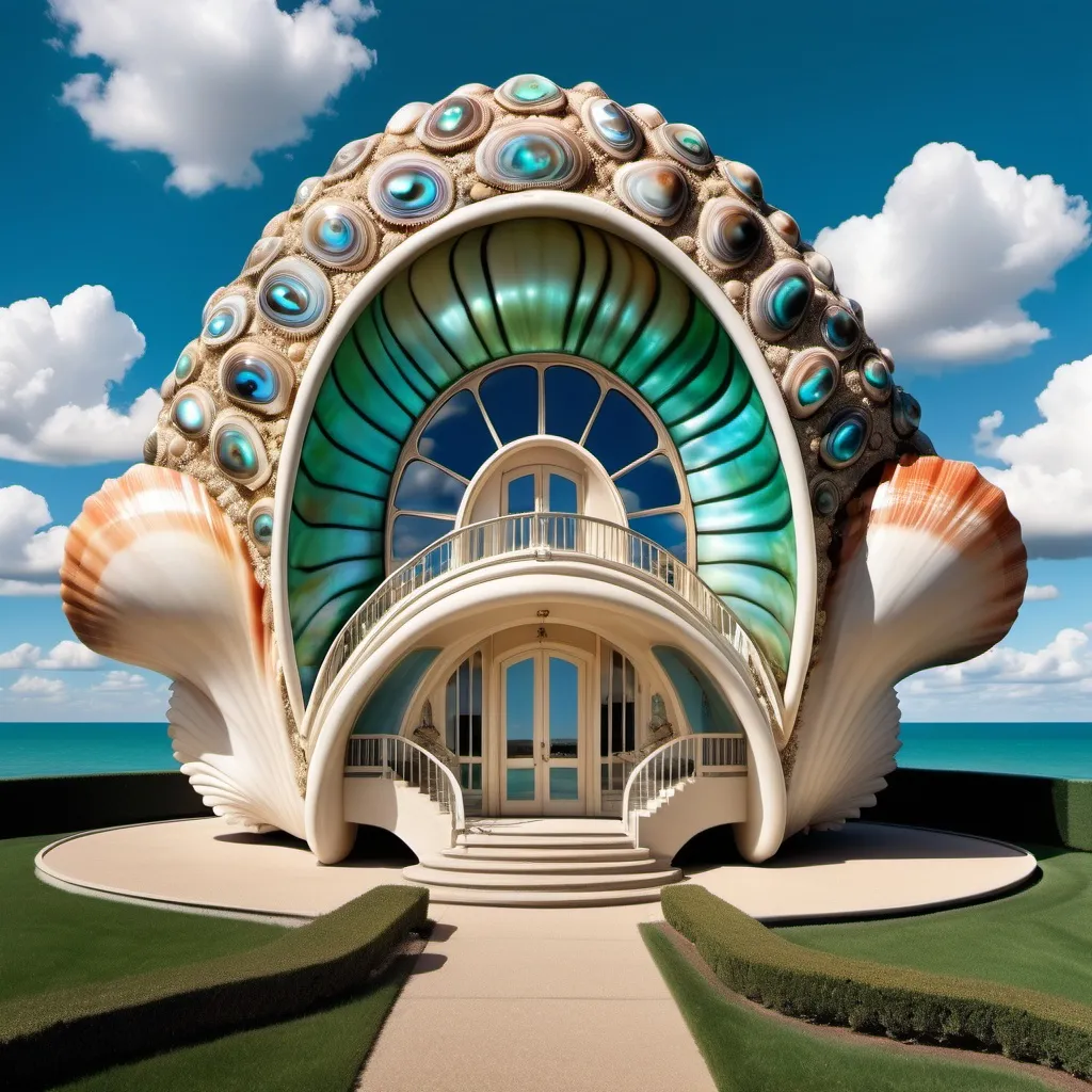 Prompt: a very large shell house with a walkway leading to it and a sky background with clouds and blue sky above, David LaChapelle, art deco, fantastically gaudy, an art deco sculpture as a Sandro Botticelli painting featuring abalone and pearls and emeralds