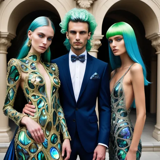 Prompt: a handsome male Catalan  swedish divine sacred male model with green hair and blue abalone Armani suit and a Monaco Bulgarian swedish French gorgeous female model with navy hair and lavish cartier with whimsical gorgeous extravagant  exotic aestheticism,  featuring gold abalone and Mother of pearl and chartreuse vibrant beaded zuhair Murad rami al ali fitted ornate Swarovski abalone gown as a Sandro Botticelli portrait painting with large Balinese Polynesian Cartier gold  headdress with green abalone