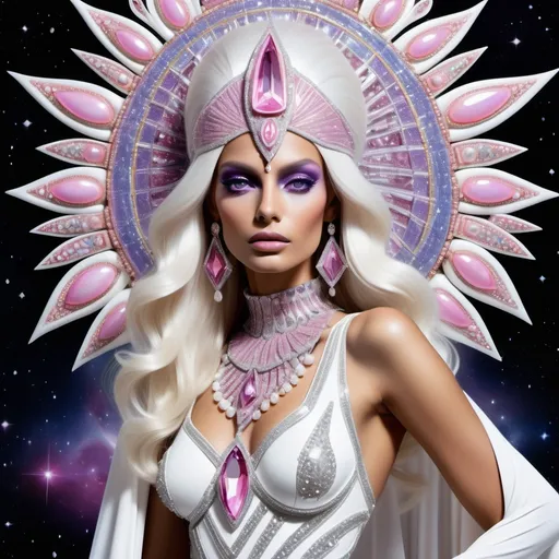 Prompt: White dreamy cosmic genie Indian water extraterrestrial goddess Monaco swedish indian casino showgirl miss India miss universe extravagant pink diamonds and platinum blonde hair and pink eyes in zuhair Murad beaded fitted embellished pearly white luminous platinum silver chrome violet white pearl opal diamond Swarovski crystal costume gown as a Sandro Botticelli full body cosmic planetary Star Trek alien goddess painting with large Cartier royal jewels and mother of pearl milky way venus Aphrodite themed