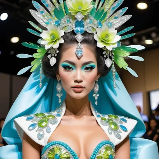 Prompt: Divine Angelic gorgeous feminine goddess Polynesian Hawaiian Balinese Thai Japanese geisha miss japan miss universe extravagant costume with vibrant turquoise styled hair and green eyes in zuhair Murad beaded fitted embellished pearly white blue gold chartreuse lime green pastel blue luminous blue topaz platinum silver chrome white pearl opal diamond Swarovski crystal costume gown as a Sandro Botticelli full body painting with large Cartier royal floral jewels and mother of pearl and white abalone aquamarine headdress with pearls blue lotus