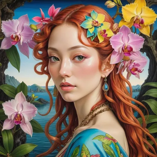 Prompt: psychedelic vibrantly colorful exotic enchanted mythical feminine japanese elf with orchids sandro botticelli portrait 