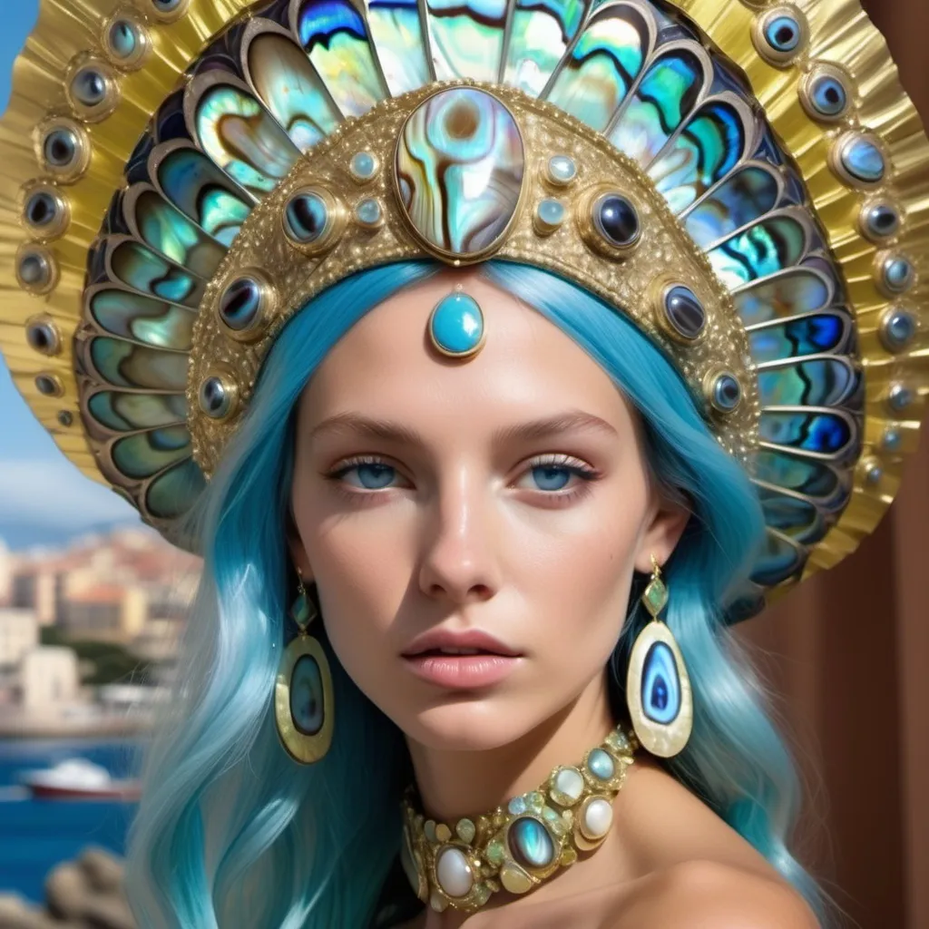 Prompt: Monaco Bulgarian swedish female model with blue hair and lavish cartier with whimsical gorgeous extravagant aestheticism,  featuring blue abalone and Mother of pearl and chartreuse  turquoise emilio pucci Valentino fitted silk gown as a Sandro Botticelli portrait painting with Polynesian Cartier white  abalone headdress with light opal