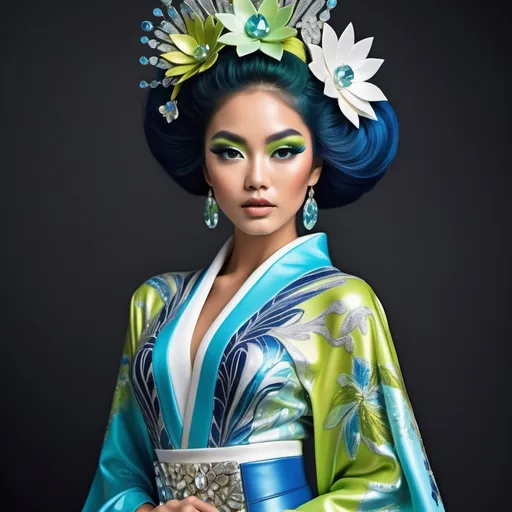 Prompt: Divine Angelic gorgeous feminine goddess Polynesian Hawaiian Balinese Thai Japanese geisha miss japan miss universe extravagant costume with vibrant turquoise styled hair and green eyes in zuhair Murad beaded fitted kimono gown in embellished pearly white blue gold chartreuse lime green navy indigo pastel blue luminous blue topaz platinum silver chrome white pearl opal diamond Swarovski crystal as a Sandro Botticelli full body painting with large Cartier royal floral jewels and mother of pearl and white abalone aquamarine emerald citronite chartreuse micro orchid headdress with pearls blue lotus