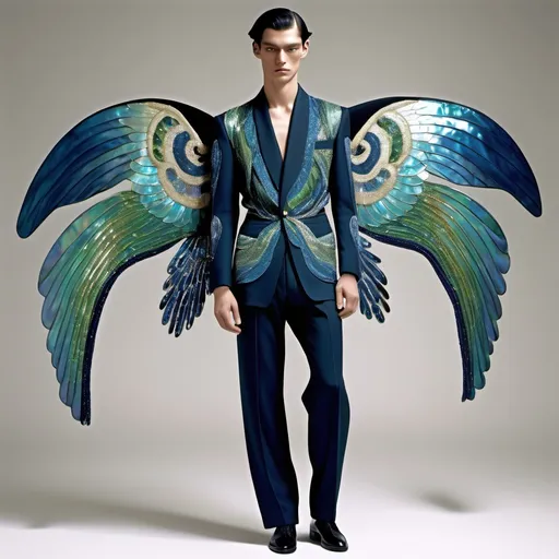 Prompt: Chanel Armani Gatsby extravagant luxury 1990's 1920's 1940's fashion in Navy indigo black turquoise mother of pearl emerald abalone on swedish Monaco slender tall gorgeous masculine muscular male model in elaborate beaded 1920's Chanel japanese fitted kimono iris van herpen silk embroidered pant suit with chartreuse ABALONE ANGEL WINGS and with black hair as a Sandro Botticelli Portrait full body painting in Monaco casino