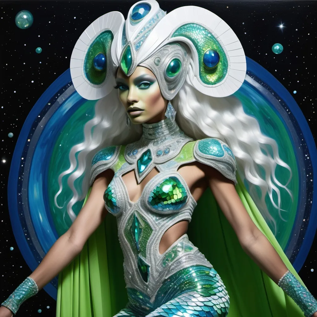 Prompt: Alien martian dreamy cosmic genie Indian  extraterrestrial platinum blue hair and bright green alien dragon scale mermaid scale skin texture with aqua eyes in zuhair Murad beaded fitted embellished pearly white luminous platinum silver chrome blue white pearl opal diamond Swarovski crystal costume gown as a Sandro Botticelli full body cosmic planetary Star Trek Green alien goddess dancer painting with large Cartier royal jewels and mother of pearl milky way  themed