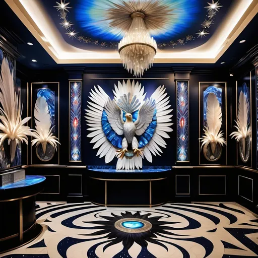 Prompt: 1920's Indian psychedelic Elaborate jewel beaded abalone eagle feathers murals Swarovski black and white and blue and indigo Monaco Indian Dubai Egyptian fine dining casino bar with high ceilings and elegant pearl abalone decor and tall micro orchids as a Sandro Botticelli painting interior design with red star beams Swarovski accents and blue watercolor abalone marble floor and eagle statue made of fire opal and abalone