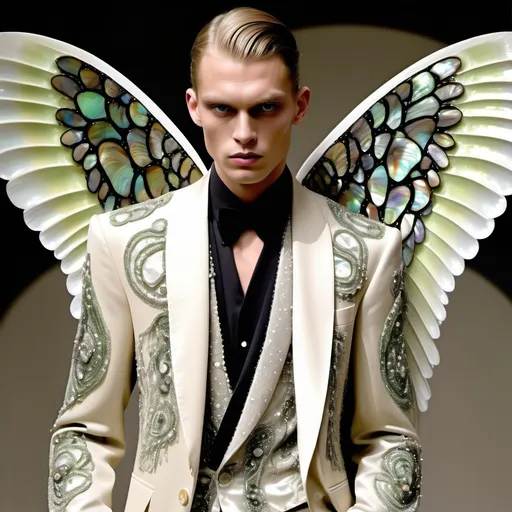 Prompt: Chanel Armani Gatsby extravagant luxury 1990's 1920's 1940's fashion in 
Black and white mother of pearl abalone on swedish Monaco slender tall gorgeous masculine muscular tan stunning male model in elaborate beaded 1920's Chanel japanese fitted kimono iris van herpen silk embroidered suit with chartreuse chrome peach ABALONE ANGEL WINGS and with lavender hair as a Sandro Botticelli Portrait full body painting in Monaco casino