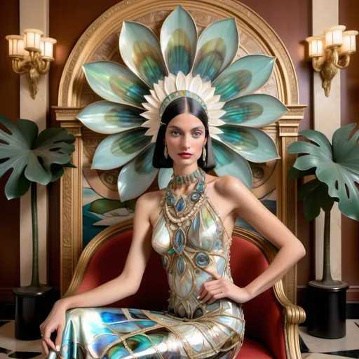 Prompt: Large 3d elaborate Royal cartier diamond lotus leafs with abalone lotus flowers Monaco palm beach Egyptian dress on 1929's ornate luxury Egyptian female model in mansion Monaco lounge with papyrus flowers as a  Sandro Botticelli painting with luminous pearl abalone hues