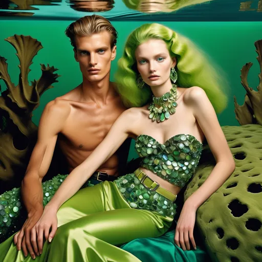 Prompt: Valentino FERRAGAMO Armani 1990's 1950's  Swarovski seaweed  Hollywood OUTFITS  with lime green accents and green abalone silk and seaweed belt on swedish Indian Egyptian tan slender tall gorgeous female and male model with vibrant green hair as a Sandro Botticelli full body elegant fashion editorial French couple oceanic mermaid seaweed bed portrait painting featuring two people and with mother of pearl and large abalone raffia palm headdress with emeralds