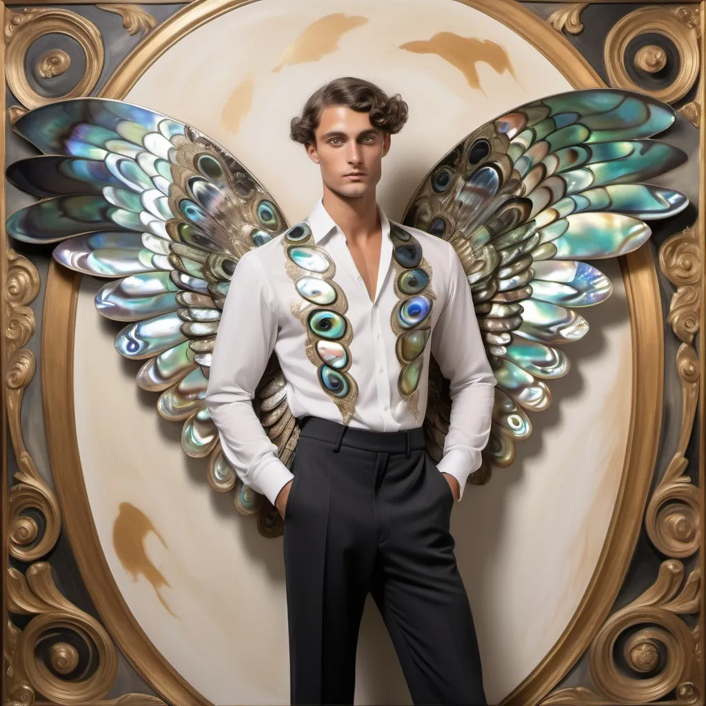 Prompt: Divine Magnificent whimsical French  abalone black and white watercolor outfit on muscular attractive tan tall male model and with six long abalone angel wings in center of back as a Sandro Botticelli painting 1920's extravagant bar lounge