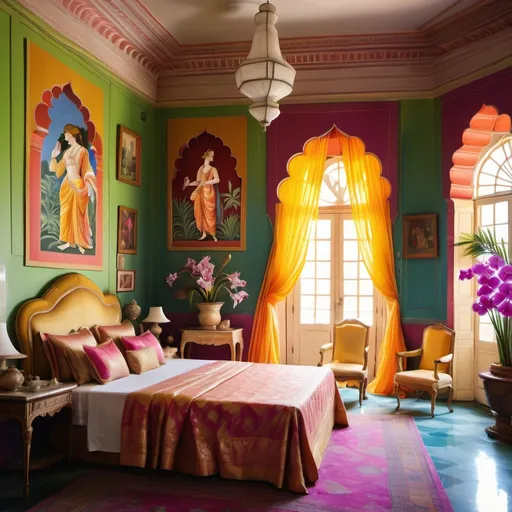 Prompt: Bright vibrant indian silks in a colorful Jaipur India royal exotic mansion bedroom with orchids and tropical flowers admirals on the walls as a Sandro Botticelli painting