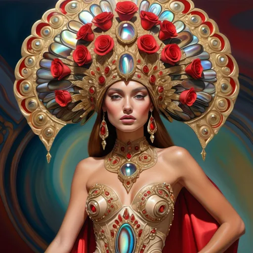 Prompt: Gorgeous tan Bulgarian goddess with an ornate regal jeweled gold red abalone headdress ,  futurism, highly detailed digital painting, a photorealistic painting with Bulgaria Swarovski roses on a Valentino French silk gown in red abalone on a runway with red abalone stilettos