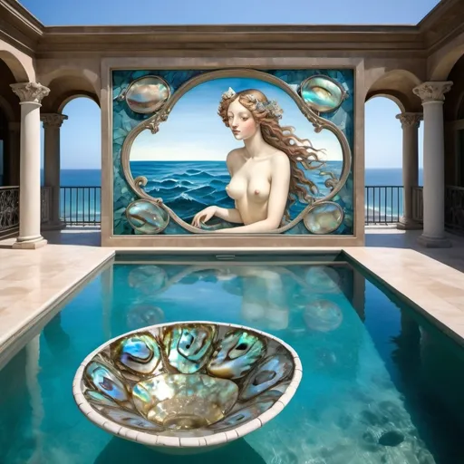 Prompt: Blue abalone and mother of pearl whimsical Renaissance enchanted executive penthouse outdoor pool in extravagant Ocean mansion as a Sandro Botticelli painting with dreamy blue hues