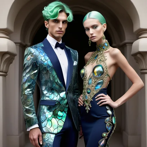 Prompt: a handsome male Catalan  swedish divine sacred male model with green hair and blue abalone Armani suit and a Monaco Bulgarian swedish French gorgeous female model with navy hair and lavish cartier with whimsical gorgeous extravagant  exotic aestheticism,  featuring gold abalone and Mother of pearl and chartreuse vibrant beaded zuhair Murad rami al ali fitted ornate Swarovski abalone gown as a Sandro Botticelli portrait painting with large Balinese Polynesian Cartier gold  headdress with green abalone