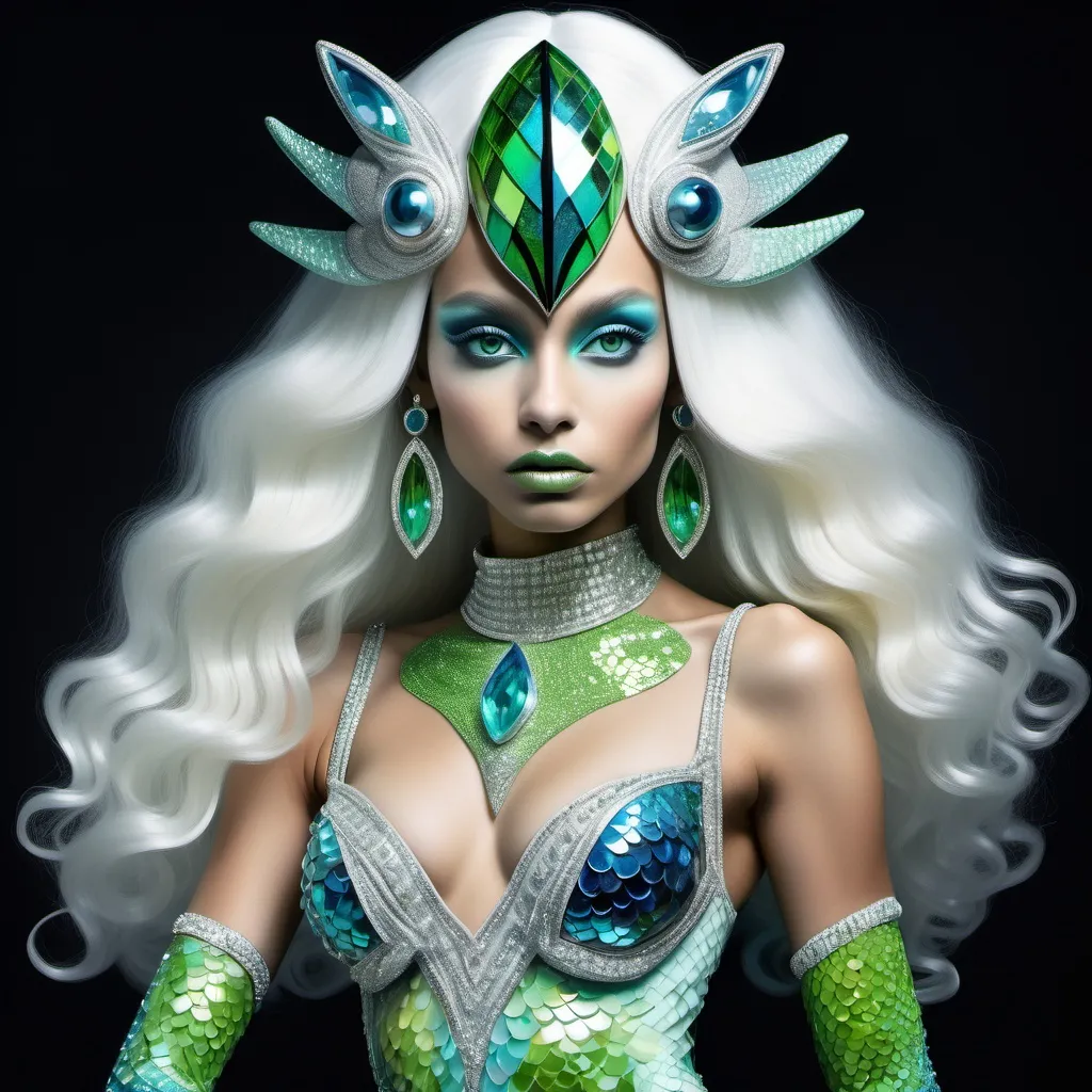 Prompt: Alien martian dreamy cosmic genie Indian  extraterrestrial platinum blue hair and bright green alien dragon scale mermaid scale skin texture with aqua eyes in zuhair Murad beaded fitted embellished pearly white luminous platinum silver chrome blue white pearl opal diamond Swarovski crystal costume gown as a Sandro Botticelli full body cosmic planetary Star Trek Green alien goddess dancer painting with large Cartier royal jewels and mother of pearl atlantis oceanic Atlantic mermaid themed