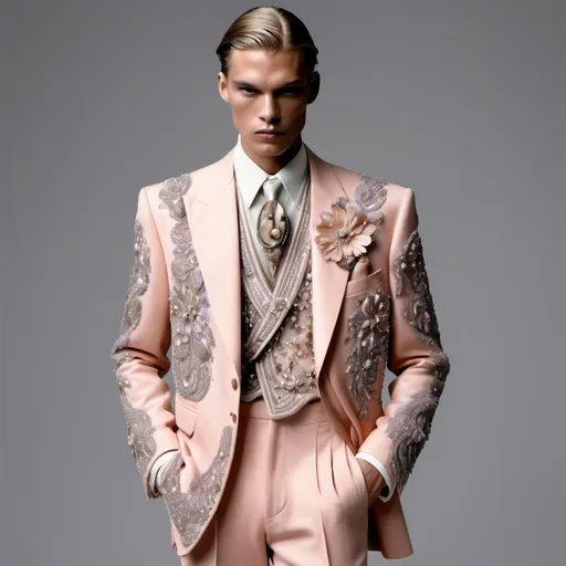 Prompt: Chanel Armani Gatsby extravagant luxury 1990's 1920's 1940's fashion in 
Lavender peach APRICOT pink black silver abalone on swedish Monaco Catalan Indian Japanese slender tall gorgeous masculine muscular tan stunning male model in elaborate beaded 1920's Chanel japanese Korean fitted kimono iris van herpen silk embroidered suit with chartreuse chrome peach ABALONE ANGEL WINGS and with apricot hair as a Sandro Botticelli Portrait full body painting in Monaco casino