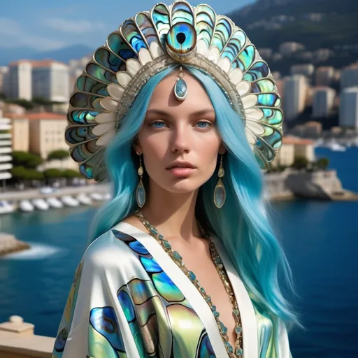 Prompt: Monaco Bulgarian swedish female model with blue hair and lavish cartier with whimsical gorgeous extravagant aestheticism,  featuring blue abalone and Mother of pearl and chartreuse  turquoise emilio pucci Valentino fitted silk kimono gown as a Sandro Botticelli portrait painting with Polynesian Cartier white  abalone headdress with light opal