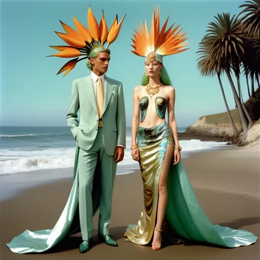 Prompt: Valentino Armani 1990's Hollywood OUTFITS  WITH BIRD OF PARADISE FLOWER and gold Cartier accents and abalone on swedish Indian Brazilian slender tall gorgeous female and male model with sea foam green hair as a Sandro Botticelli full body elegant fashion editorial French couple portrait painting featuring two people and with mother of pearl and large abalone headdress